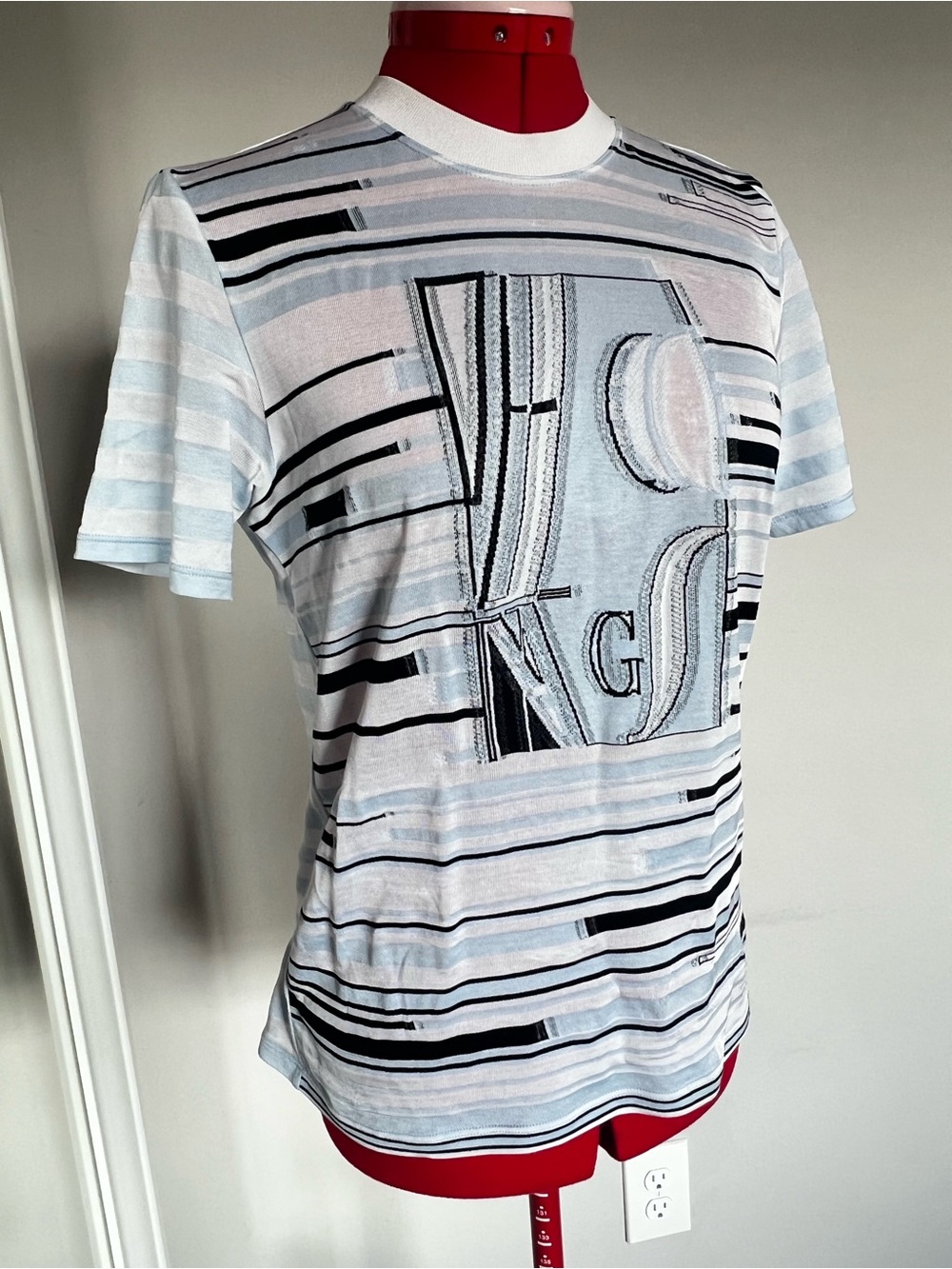 Giorgio Armani Light Blue, White & Black Striped Short Sleeve Tee